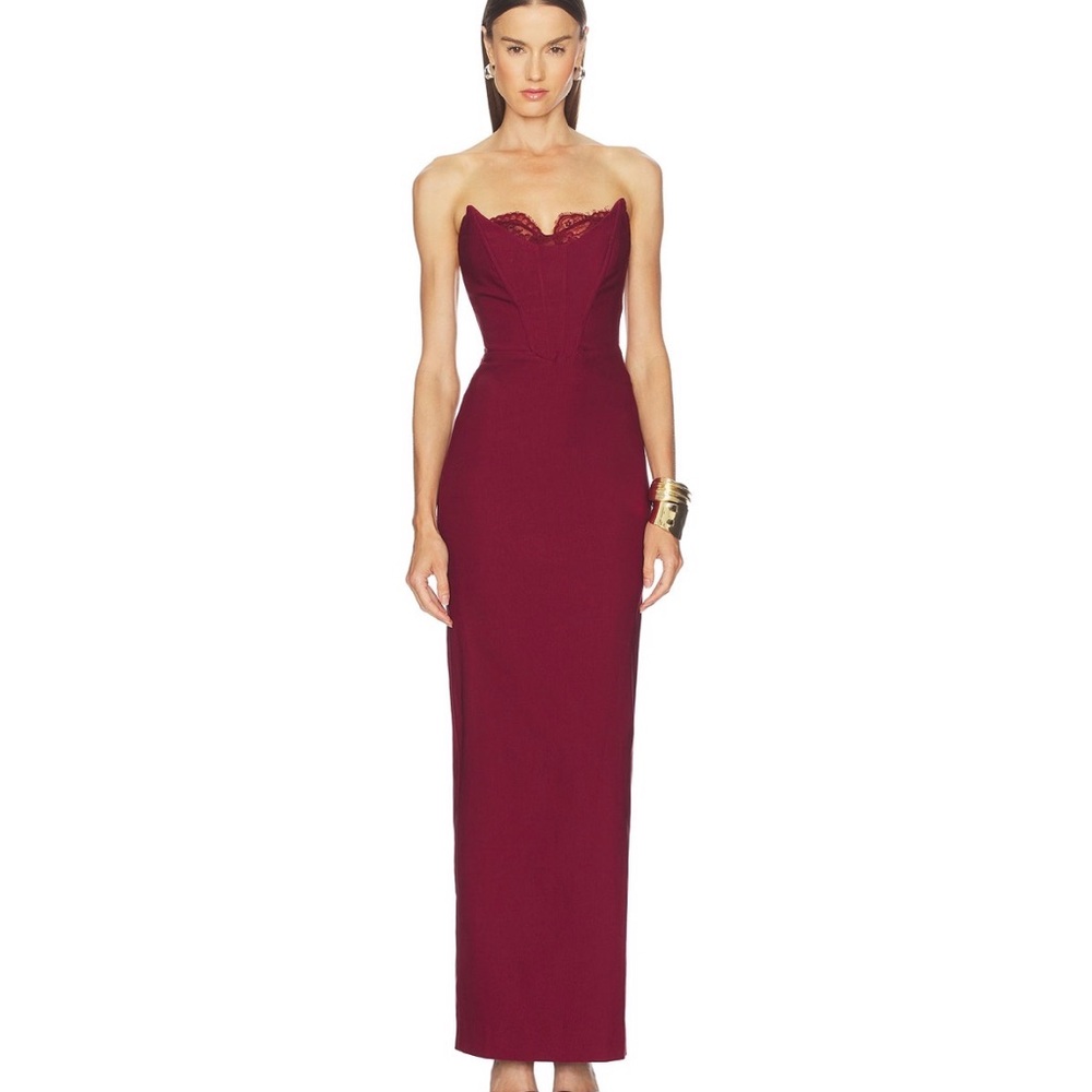 Michael Costello Strapless Burgundy Lace-Trim Column Gown